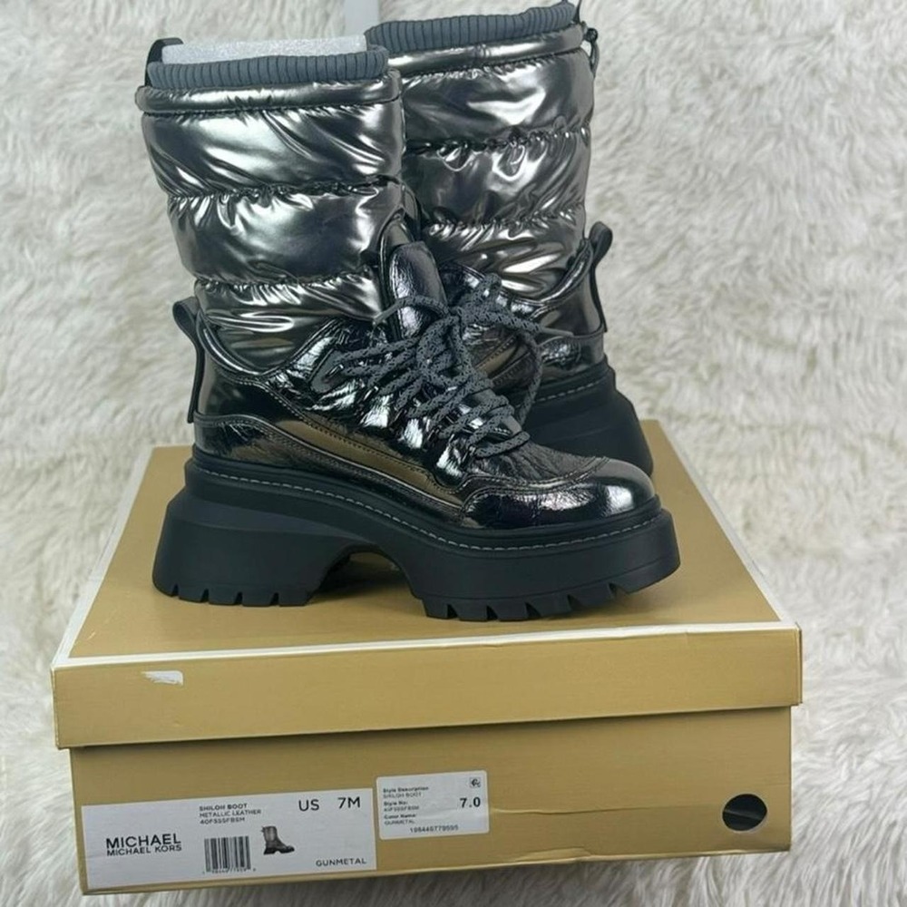 NEW Michael Kors Shiloh Metallic Gunmetal Platform Boots – Size 7 SHINY Grunge
